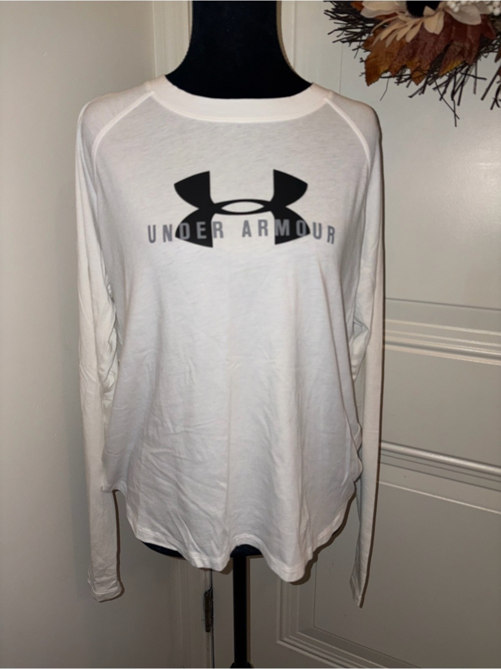 Under Armour White Long-Sleeve Logo Tee with Black Emblem